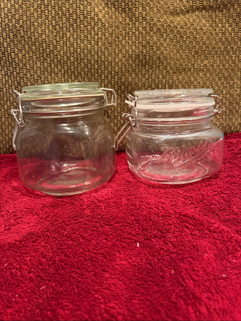 Set of Two Clear Glass Clamp Jars One is Mason brand